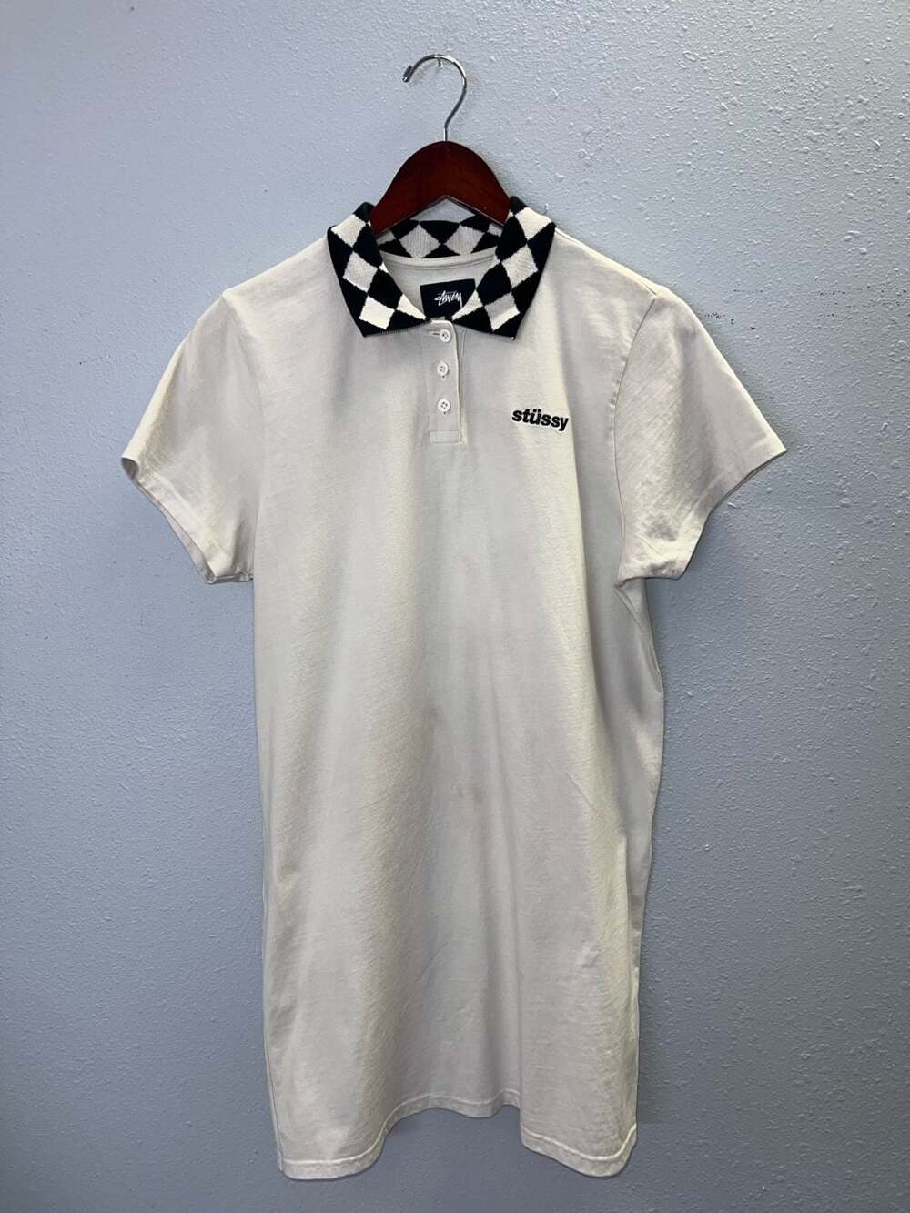 Stussy Womens Checkered Collar Short Sleeve Polo Mini Dress White Size S 0495